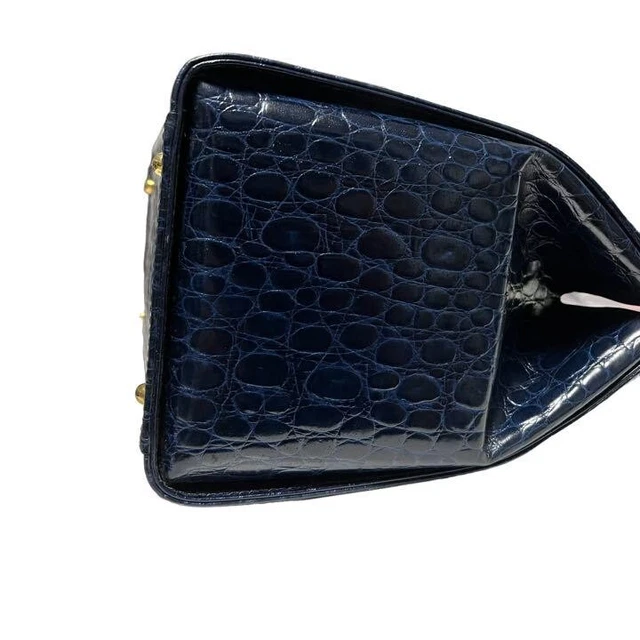 Longchamp Leather Handbag Tote Bag Croc embossed Blue with Gold Charm 7