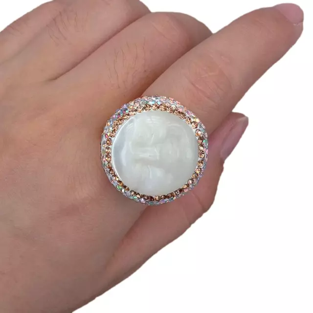 White Sea Shell Carved Facial Ring Crystal Pave Gold Plated Adjustable Ring