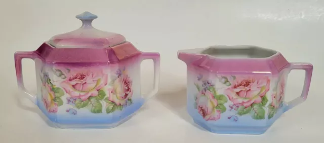 Vintage German Porcelain Luster Pink Roses Creamer & Sugar Bowl w/ Lid