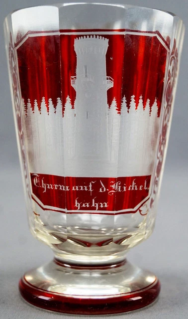 Mid 19th Century German Bohemian Engraved Tower Ruby Stained Flint Glass Tumbler