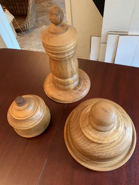 Wooden Treen Items In Elm/Sycamore (3-items) Butter Dish/Cheese Dome/Pasta Store