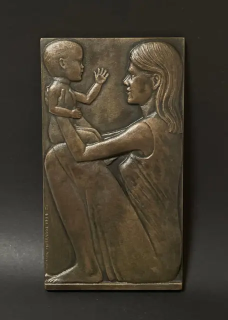 Michael Meszaros Bronze Sculpture Plaque Mother & Child Australian Artist Signed 3