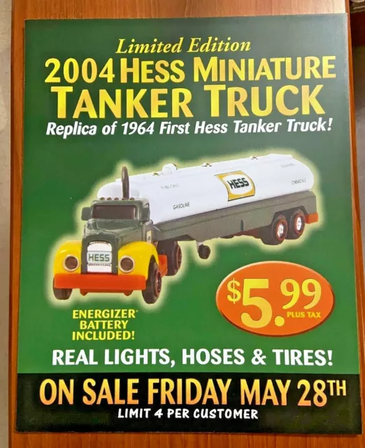 2004 Hess Miniature Tanker Toy Truck Gas Pump Advertising Sign14.5" X 18"