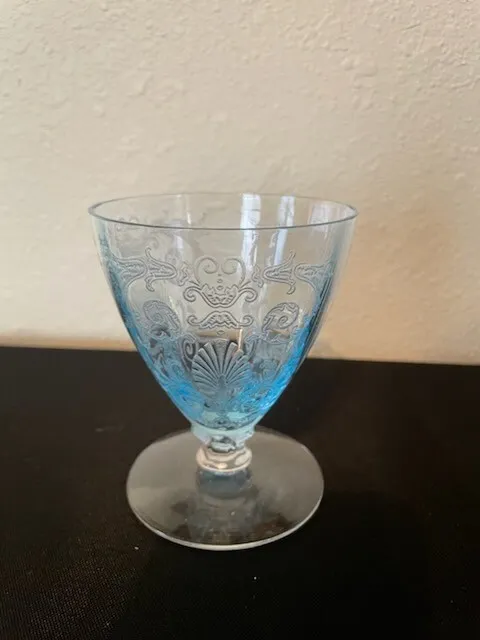 Fostoria Azure Blue Versailles Etched Depression Glass 4 oz Footed Tumbler