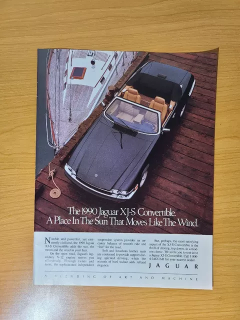 1990 Black Jaguar XJ-S Convertible Print Ad Man Cave Wall Art Poster Vintage Mag