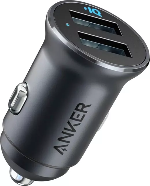 Anker Mini Car Charger Aluminum Alloy 24W Dual USB Blue LED for iPhone 15/14/13