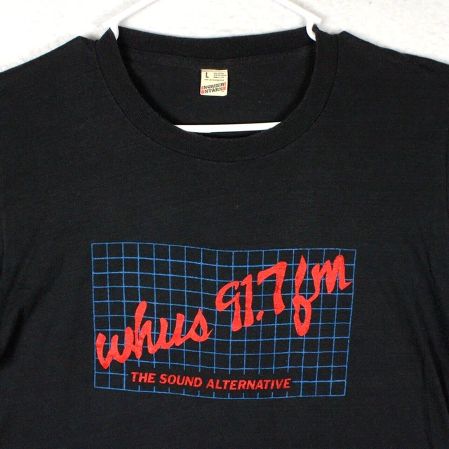 SCREEN STARS Vtg 80s 90s WHUS 91.7 FM Radio UCONN Black Graphic T-SHIRT Small