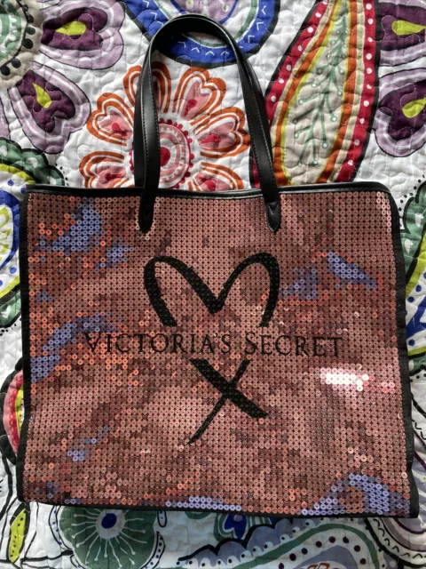 VICTORIA’S SECRET Showstopper Pink & Black Heart Sequin Weekender Tote Bag EUC