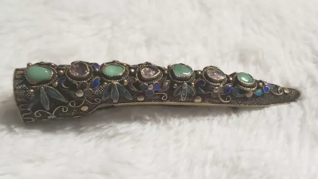 Chinese Antique Silver Jade and Stone Enamel Fingernail Guard Pin