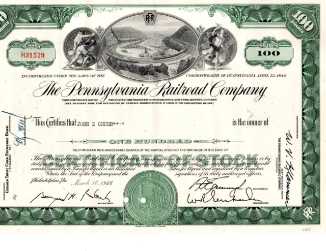 The Pennsylvania Railroad Company Stock Certificate 100 Shares