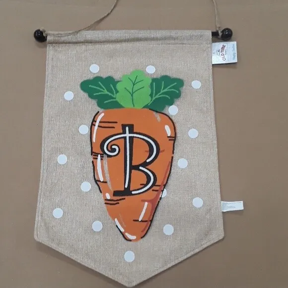 Spring Easter "B" Monogram Carrot Burlap House Flag with Pole NEW