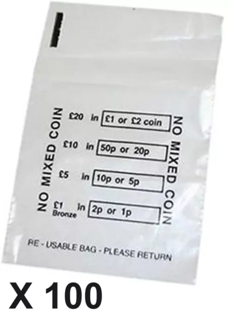 100 X Plastic Coin Bags - Money Bank Bags No Mixed Coins Change  Cash Retail Bag