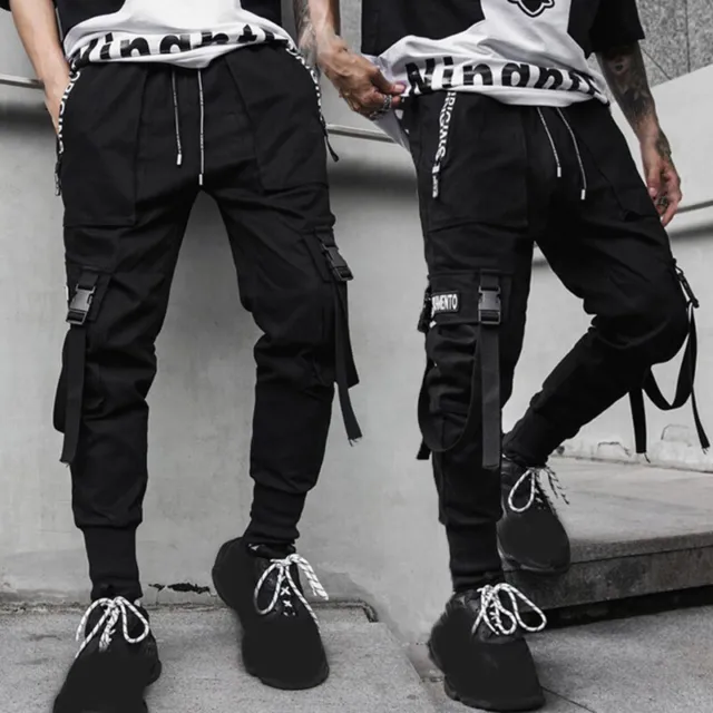 Streetwear pour hommes danse hip hop pantalon long taille moyenne hauteur cordon pantalon cargo 2