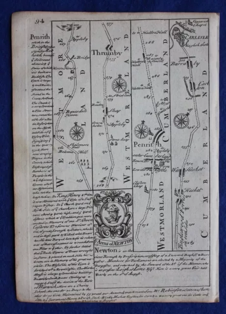 Original antique road map WESTMORELAND, CUMBERLAND, PENRITH, E. Bowen, c.1724 3