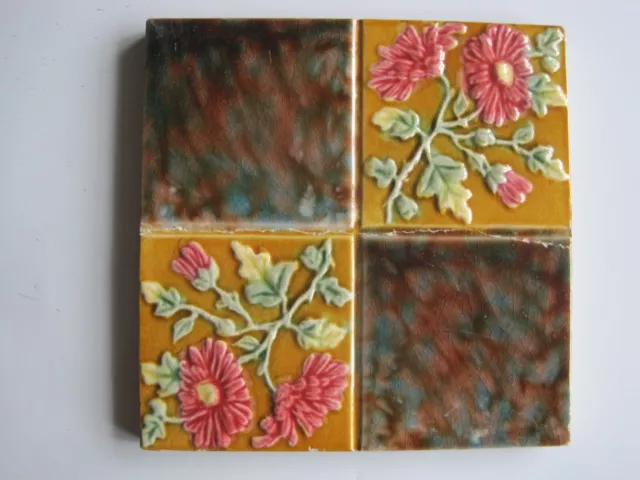 ANTIQUE VICTORIAN QUARTERED PINK FLORAL/MARBLE WALL TILE - LEA & BOULTON c.1899