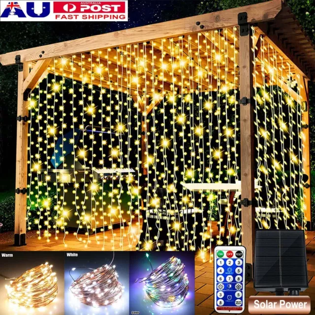 Solar Curtain Fairy Light 300 LED String Outdoor Indoor Wedding Garden Party USB