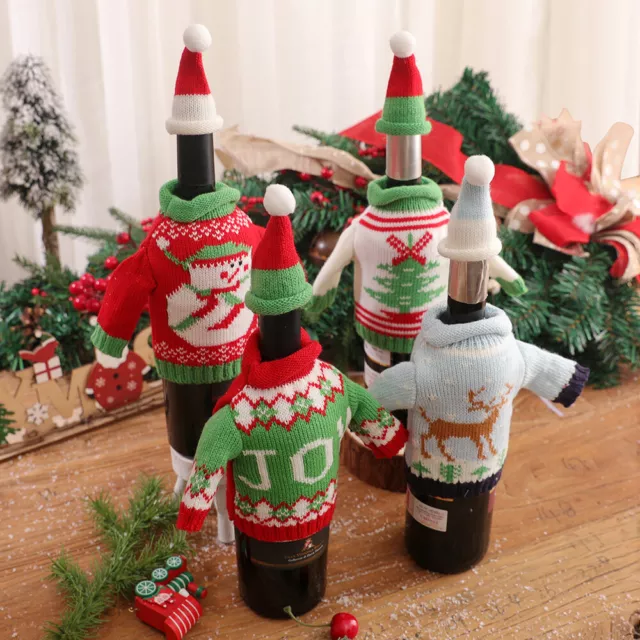 4 Piece Christmas Wine Bottle Knitted Ugly Sweater Covers Set