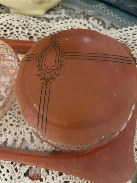 Vintage Art Deco Vanity Pink Depression Glass Powder  Jars on Tray Celluloid Lid