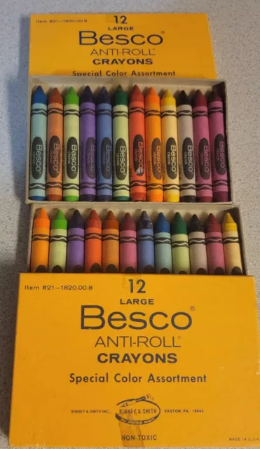 2 Boxes Of 12 Besco Anti-roll Crayons, Crayola By Binney & Smith