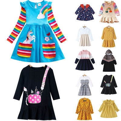 Kids Baby Girls Long Sleeve Mini Tunic Dress Casual Loose Party Princess Dresses