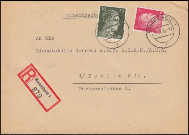 788+793 Freimarken-MiF R-Brief REMSCHEID 3.2.1943 an des Oberkommando des Heeres