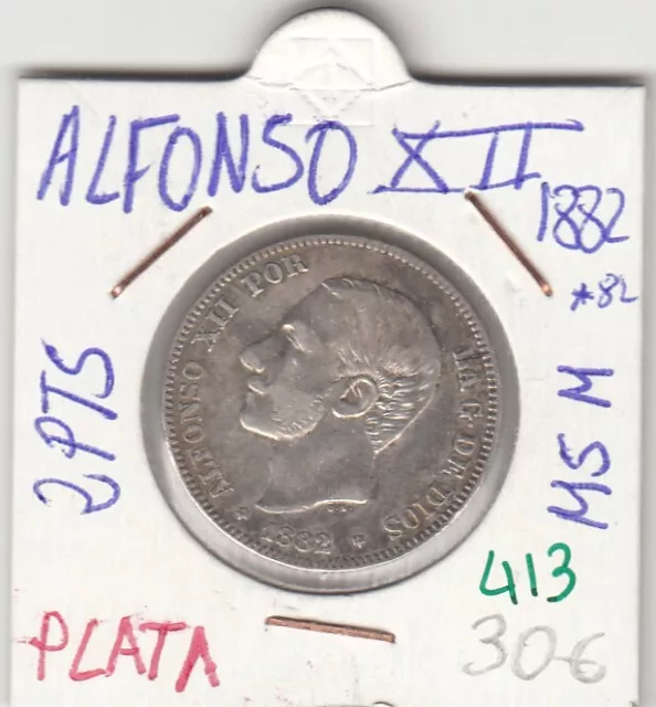 Cre0413 Moneda España Plata Alfonso Xii Plata 2 Peseta 1882 82 Msm