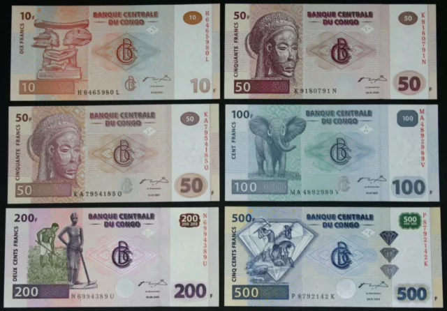 CONGO - Set of 6 Banknotes Notes: 10-500 Francs 2000-2007 (UNC)