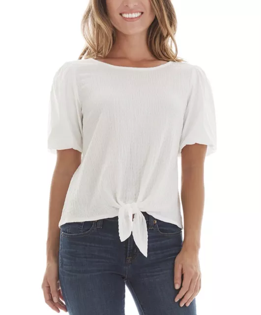 BCX Juniors' Bubble Sleeve Tie Front Top Size L White MSRP $39