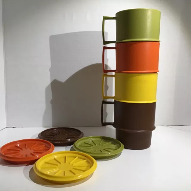Set of 4 Vtg TUPPERWARE Harvest Stacking Coffee Mugs Cup #1312 12oz Lids 1313-13