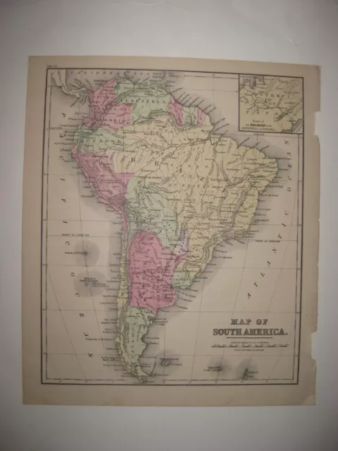 Antique 1873 South America Handcolored Map Patagonia Argentina Brazil Panama Nr