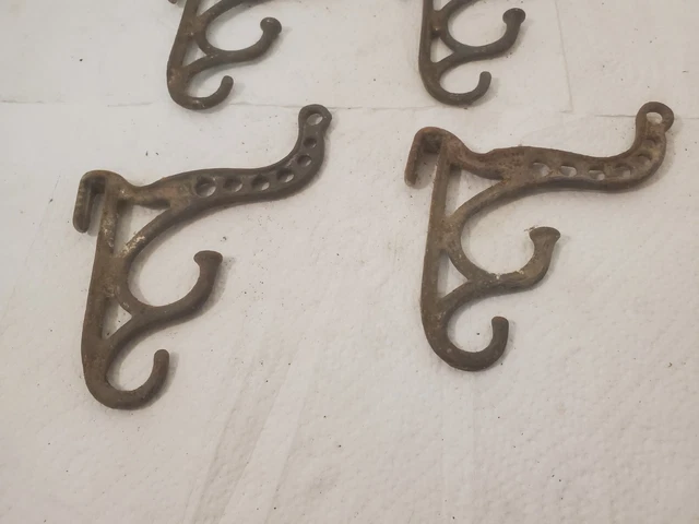 4 small cast iron coat hat hooks 5" tall store display ornate 2