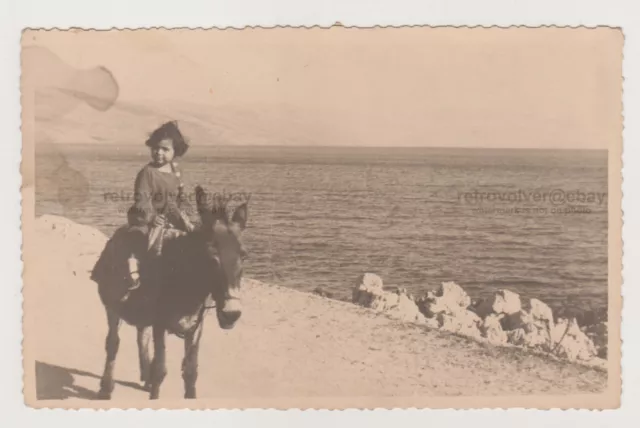 Cute Young Lady Little Girl on Donkey by the Sea Nice Snapshot Old Photo