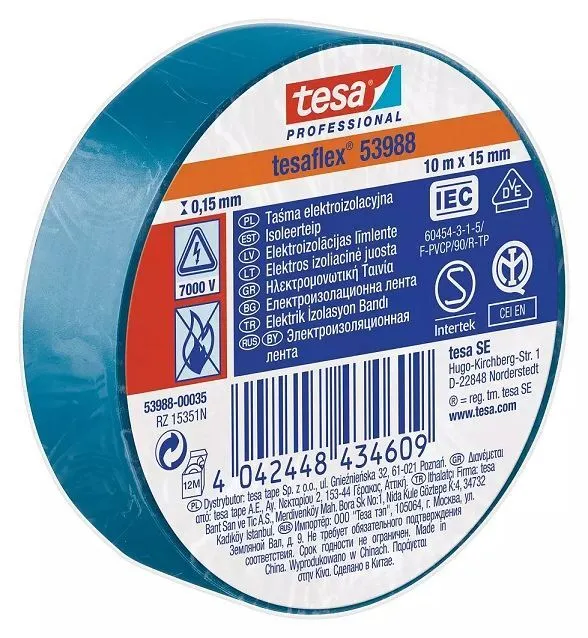 Ruban PVC Tesa 15mmx0.15mmx10m, Bleu