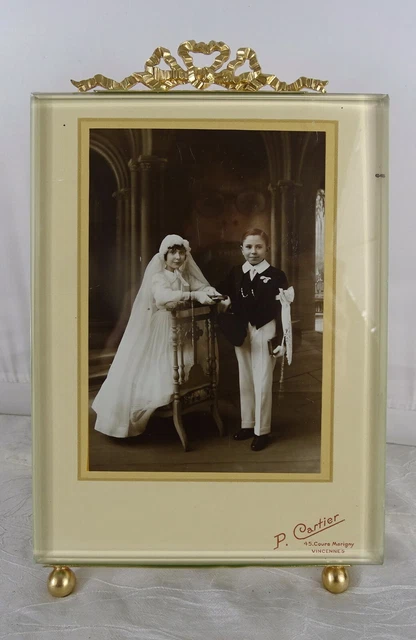XL Antique French Nap III Bronze&Beveled Glass Photo Frame Louis XVI Ribbon