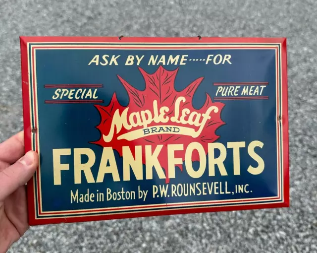 Vtg Maple Leaf Brand Frankforts Tin Over Cardboard Rare Boston Advertising Sign