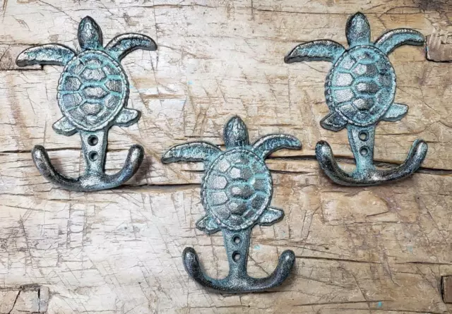 3 Cast Iron SEA TURTLE Towel Hanger Coat Hat Hooks Key Rack Hook Ocean Beach