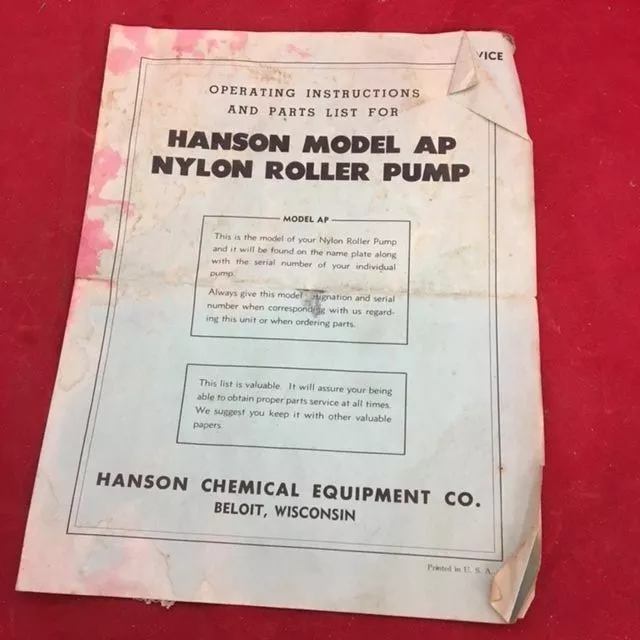 Hanson Model AP Nylon Roller Pump - Operating Instructions & Parts List