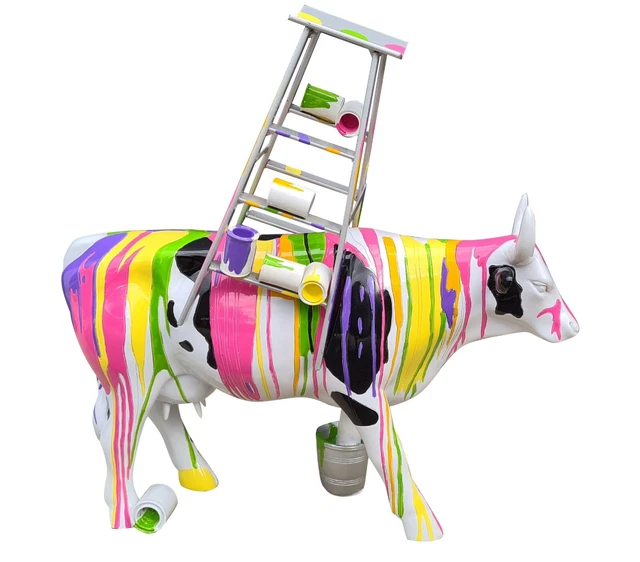 Statue de vache "Cow Parade", résine multicolore. Modèle "Peintre", L 30,5 cm