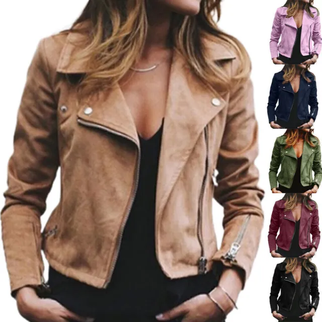 Women's Biker Jacket Slim Fit Ladies Faux Plus Size PU Leather Zip Formal Coat