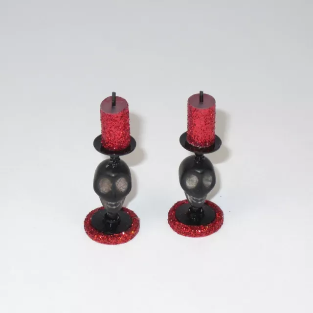 WMH Miniature Dollhouse Halloween Skull Candlestick and Candle Set of 2- Red Blk