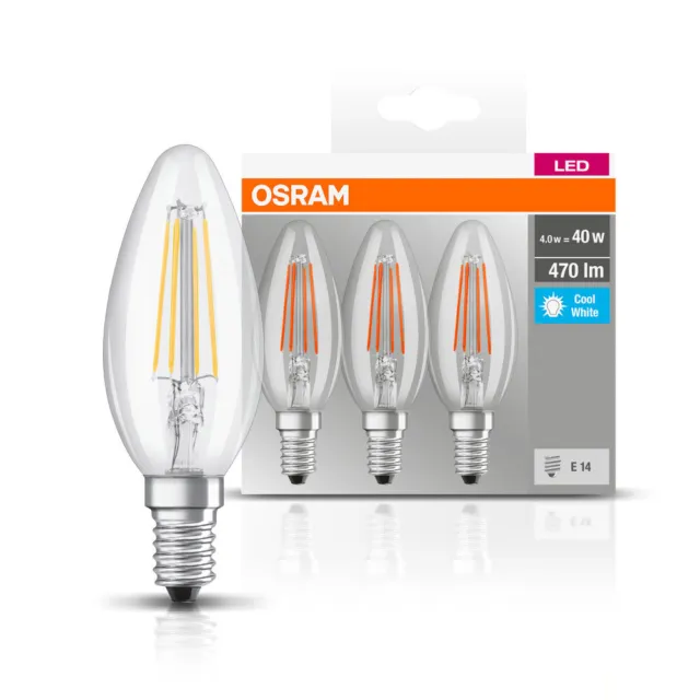 3 x Osram LED Filament Leuchtmittel Kerzen 4W = 40W E14 klar kaltweiß 4000K