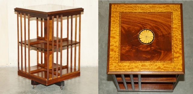 Sheraton Revival Flamed Mahogany Walnut & Satinwood Revolving Bookcase Table