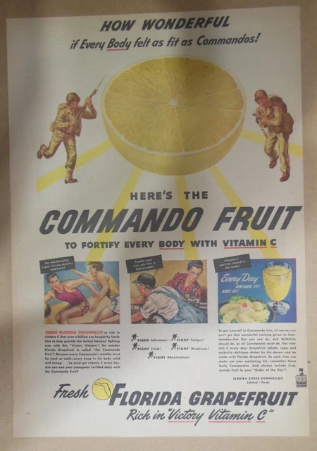 Florida Citrus Fruit Ad: Grapefruit The Commando Fruit 1940's Size: 11 x 15 inch