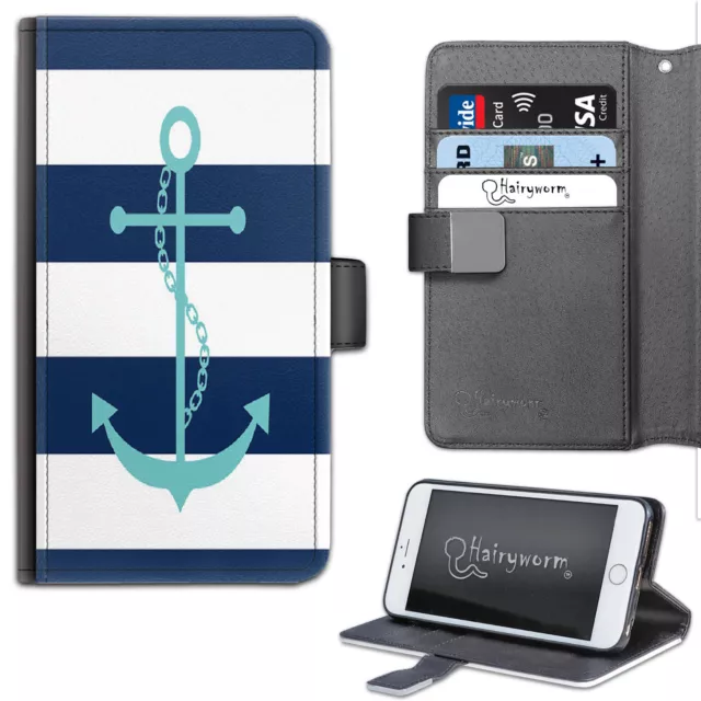 Bleu Marine et Blanc Rayure Ancre PU Cuir Portefeuille Téléphone Étui ; à Clapet