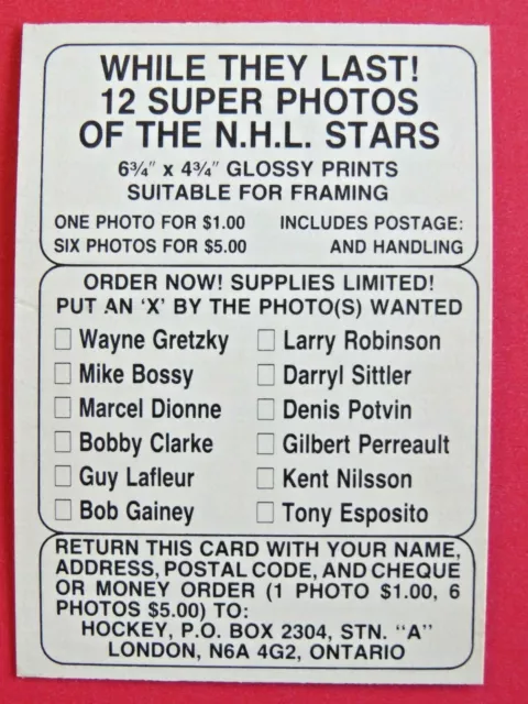 1981-82 OPC O-Pee-Chee Unmarked, Super Photos order card, Gretzky, EX