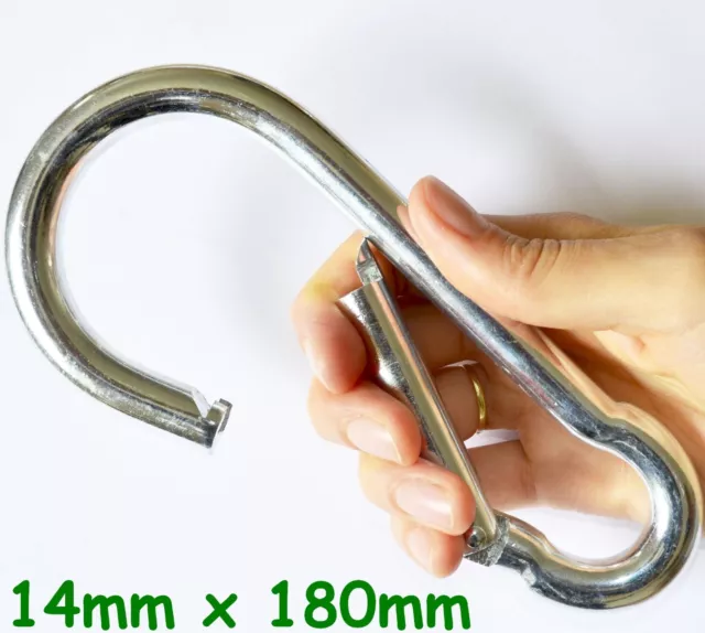 LARGE Galvanised CARABINER CLIPS Hooks, 14mm x 180mm, HEAVY DUTY Clip Load 650kg