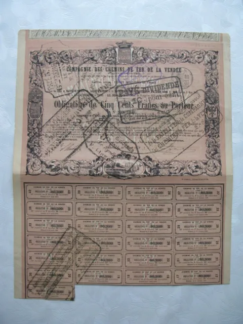 1872 Obligation Compagnie des Chemins de Fer DE LA VENDEE 500F  PARIS