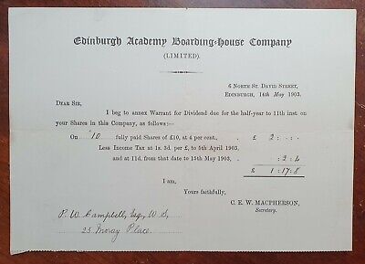 1903 Edinburgh Academy Boarding House Company Dividend Document 