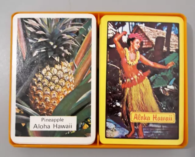 Aloha Hawaii Pineapple & Hula Dancer Playing Card Decks Souvenir Plastic Box Vtg