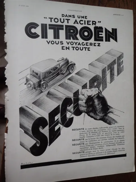 CITROEN tout acier automobile 12 publicité papier ILLUSTRATION 1931